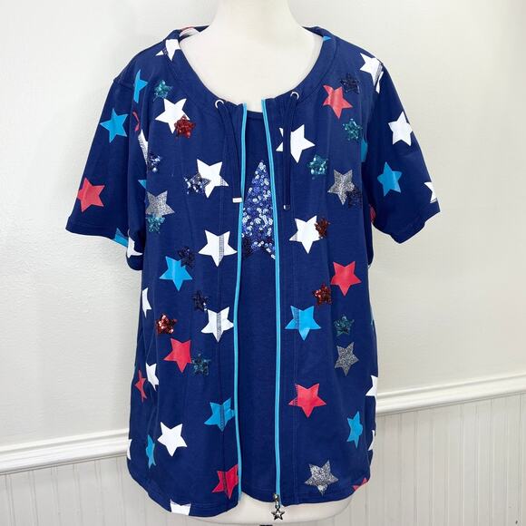 Quacker Factory Size L Cardigan Tank Top Set Patriotic USA Sequin Stars Navy - Picture 1 of 16